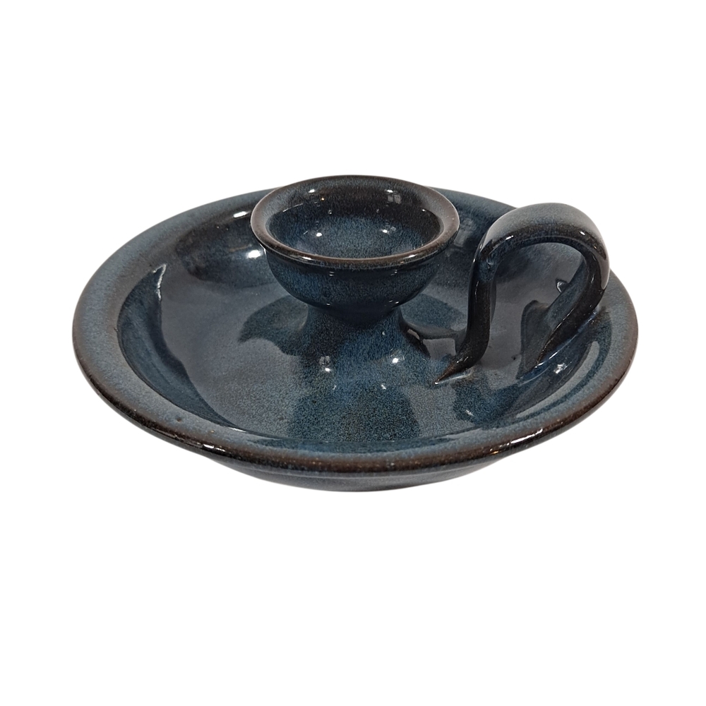 Vintage Jugtown Ware Pottery Handle Candle Holder Blue Glaze Stamped 1988